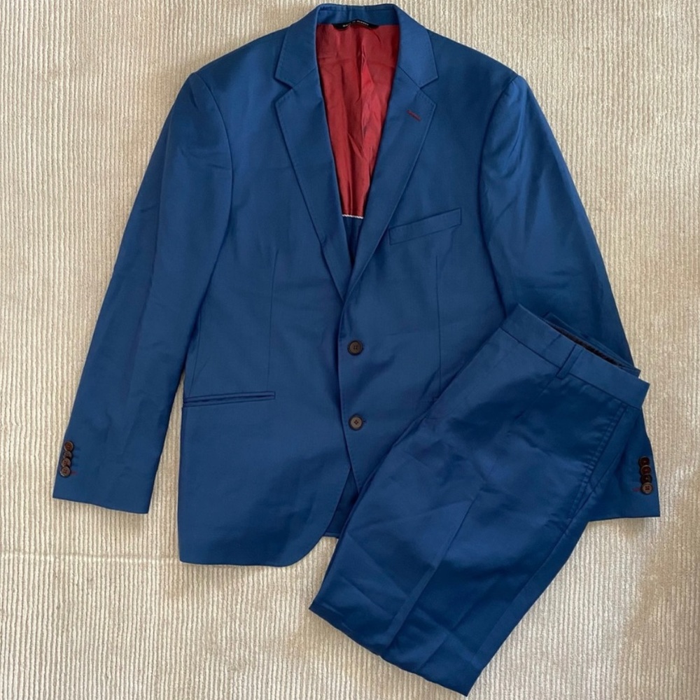 Sarar Two Piece Wool Suit Sport Coat Blazer Trousers Pants Blue Size 40S
